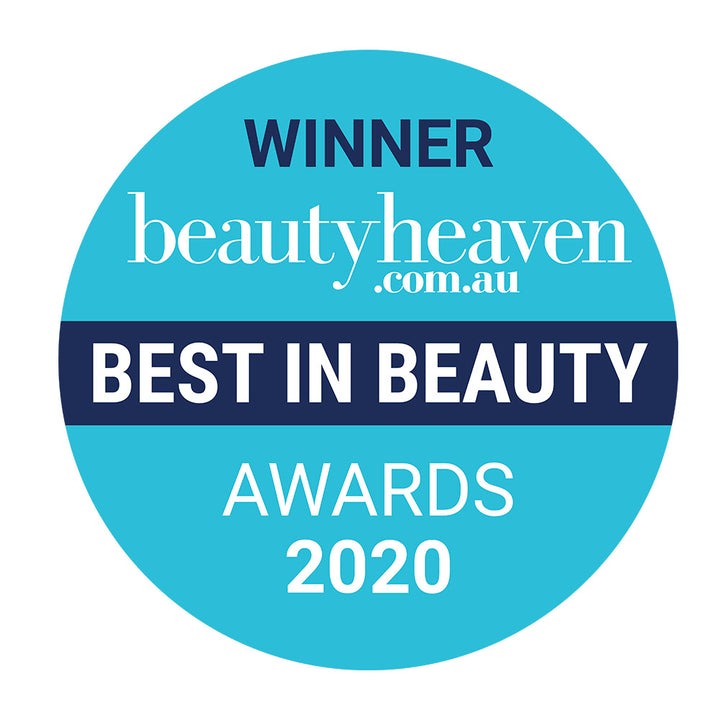 Winner badge for beautyheaven.com.au Best in Beauty Awards 2020 on a blue background