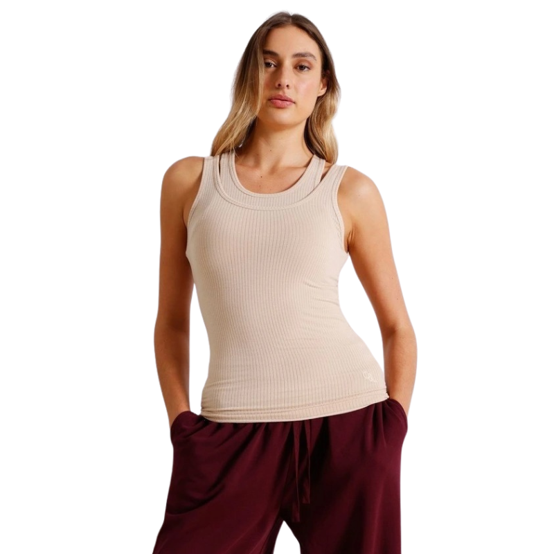 Chloe & Lola Loungewear Double Layer Tan in soft polyester fabric, featuring sleeveless design and round neck.