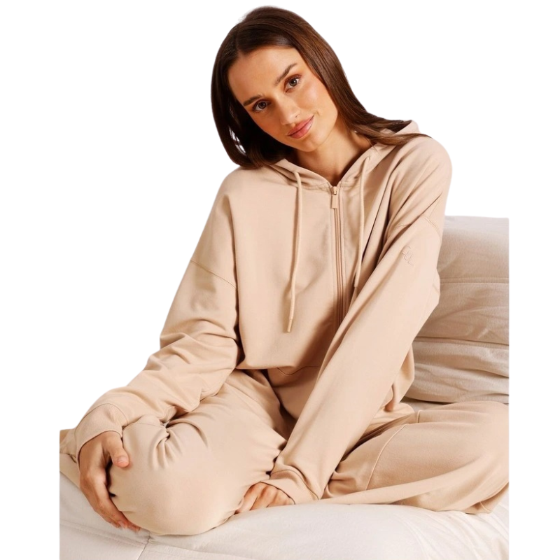 Chloe & Lola Loungewear Double Zip Hoodie in soft cotton-modal blend, featuring a hood, long sleeves, and zip fastening.