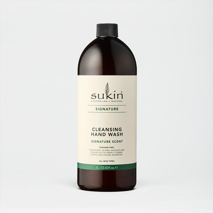 Sukin cleansing hand wash bottle on a white background