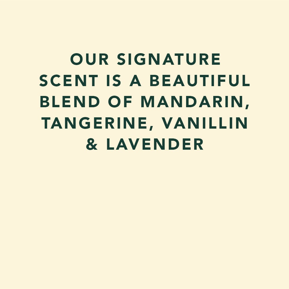Text on a beige background describing a scent blend with Mandarin, Tangerine, Vanillin, and Lavender.