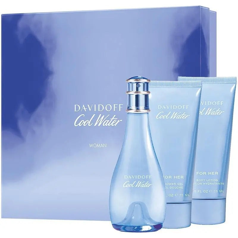Davidoff Cool Water perfume set with bottle and two tubes against a blue background