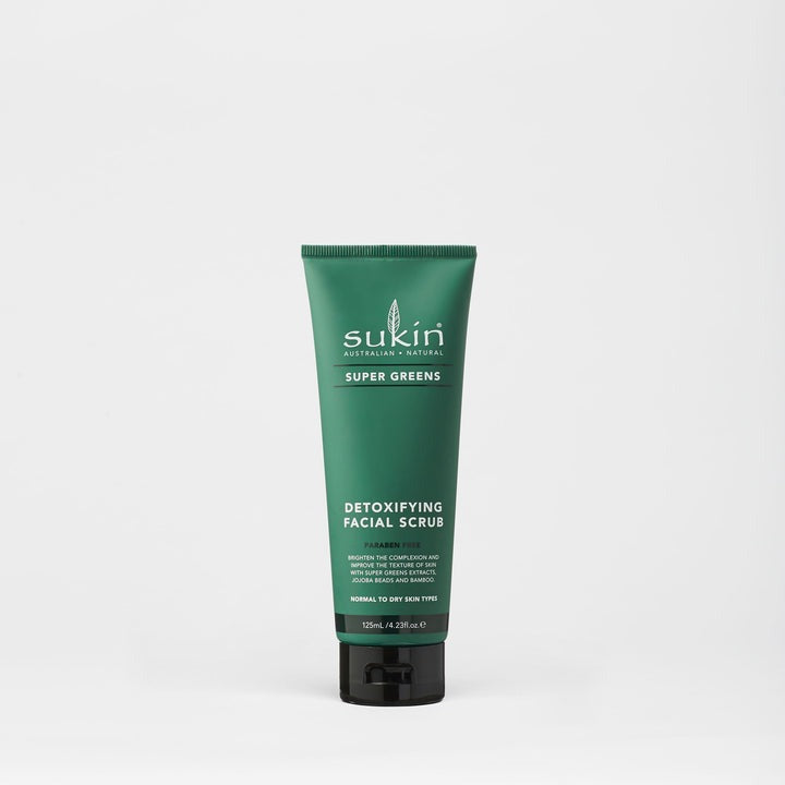 Green tube of Sukin Super Greens Detoxifying Facial Scrub on a white background