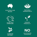 Set of green product labels with icons and text on a green background