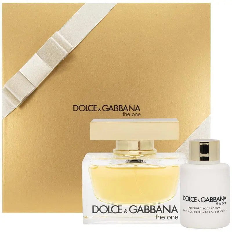 Dolce & Gabbana perfume set with gold box and bottles on a white background
