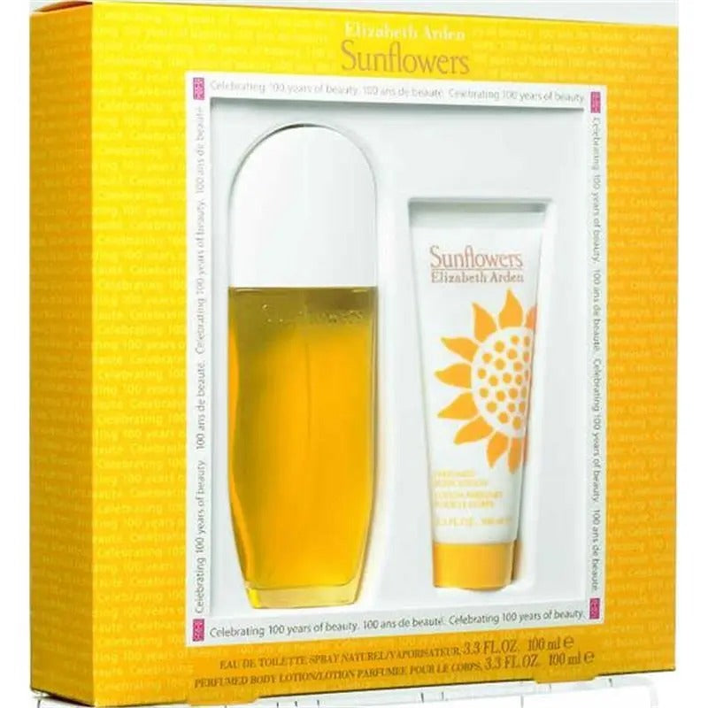 Elizabeth Arden Sunflowers perfume set with bottle and lotion in yellow box