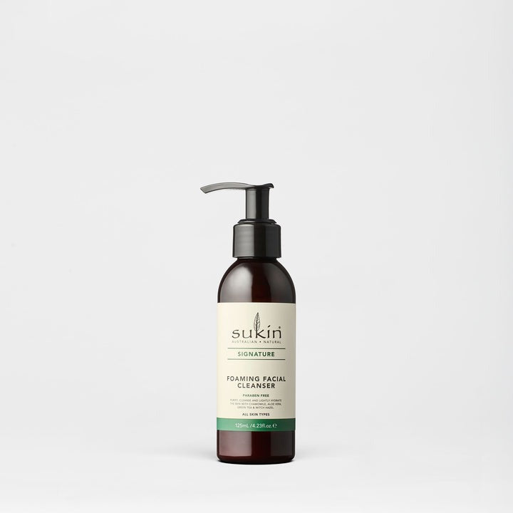 Sukin foaming facial cleanser bottle on a white background