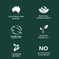Set of icons and text on a green background indicating Australian made, natural ingredients, cruelty free, vegan product, carbon offset, and no sulfates or parabens.