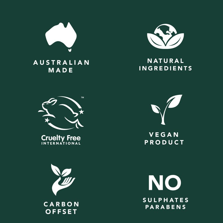Set of icons and text on a green background indicating Australian made, natural ingredients, cruelty free, vegan product, carbon offset, and no sulfates or parabens.