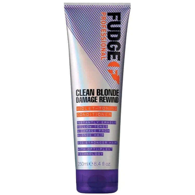 Fudge Clean Blonde Damage Rewind conditioner tube on a white background