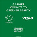 Garnier commitment to greener beauty on a green background with logos and text.