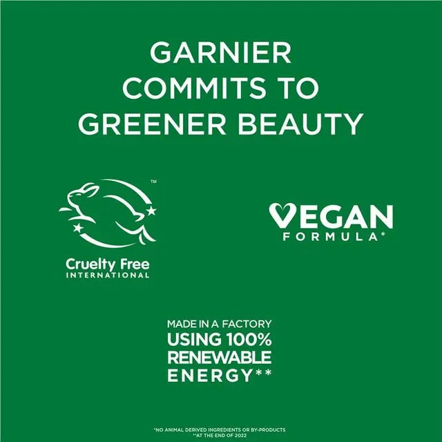 Garnier commitment to greener beauty on a green background with logos and text.