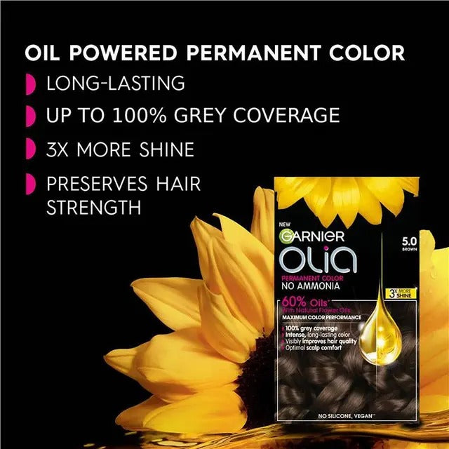 Garnier Olia hair color packaging with sunflower on a black background
