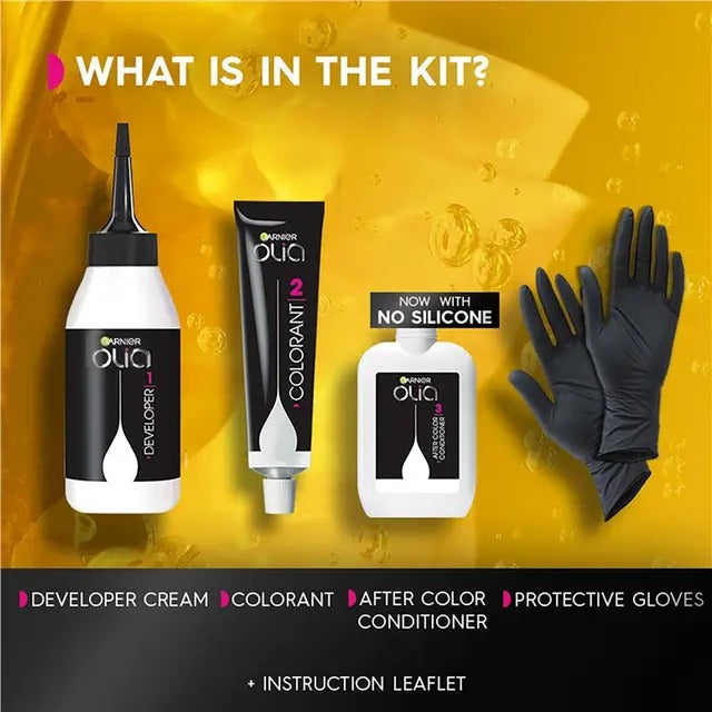 Ola! hair color kit with developer cream, colorant, after color conditioner, gloves, and instruction leaflet on a yellow background.
