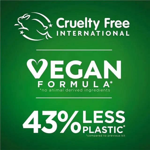 Cruelty Free International logo with vegan formula and plastic reduction claims on a green background
