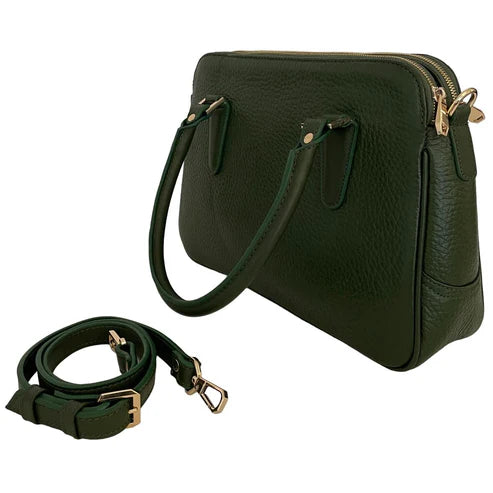 Elegant green leather office bag with detachable shoulder strap, ideal for professionals and business travel.