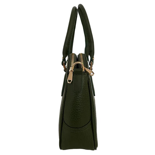 Elegant green leather office bag with detachable shoulder strap, ideal for professionals and business travel.