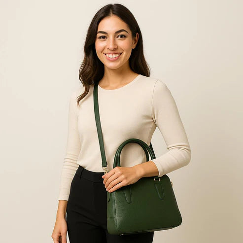 Elegant green leather office bag with detachable shoulder strap, ideal for professionals and business travel.
