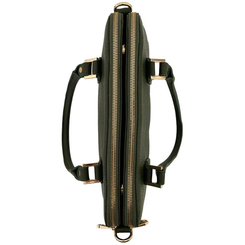 Elegant green leather office bag with detachable shoulder strap, ideal for professionals and business travel.
