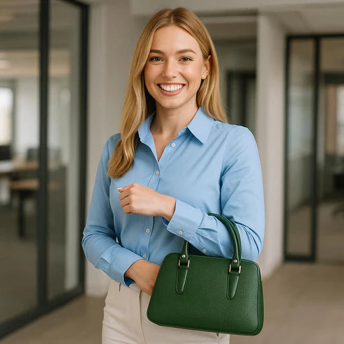 Elegant green leather office bag with detachable shoulder strap, ideal for professionals and business travel.