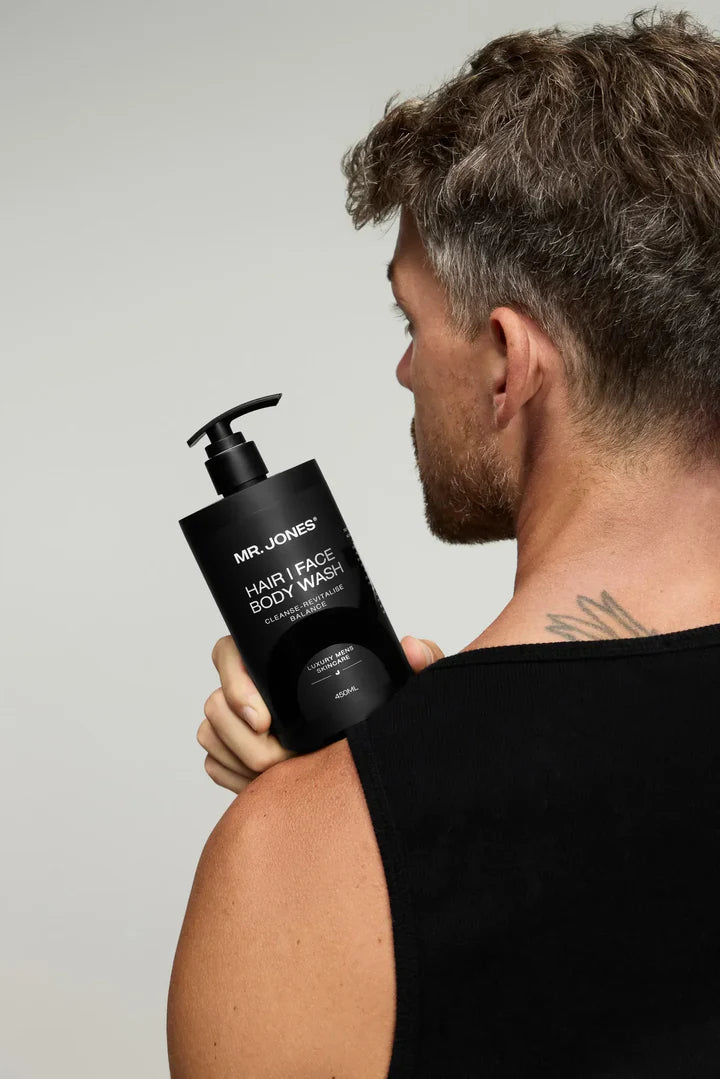 Mr Jones Men’s Hair, Face and Body Wash in sleek black packaging designed for all-in-one cleansing and grooming