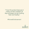 Product review quote with 'Sukin' branding on a beige background