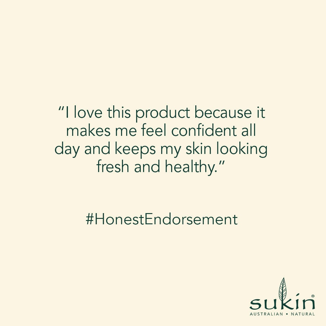 Product review quote with 'Sukin' branding on a beige background