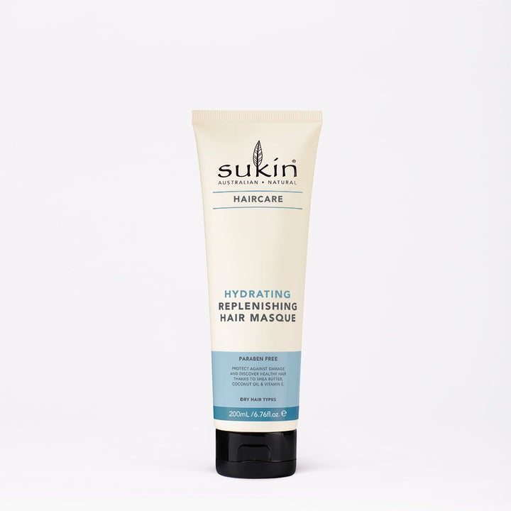 Sukin Hydrating Replenishing Hair Masque tube on a white background