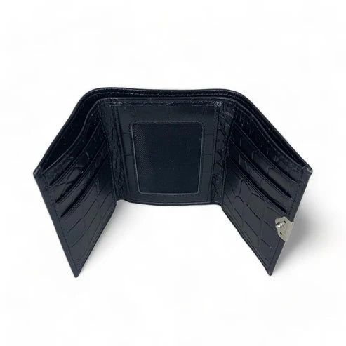 Elegant black genuine leather women’s wallet and card holder with secure locker — stylish and premium accessory by LeatherLuxe