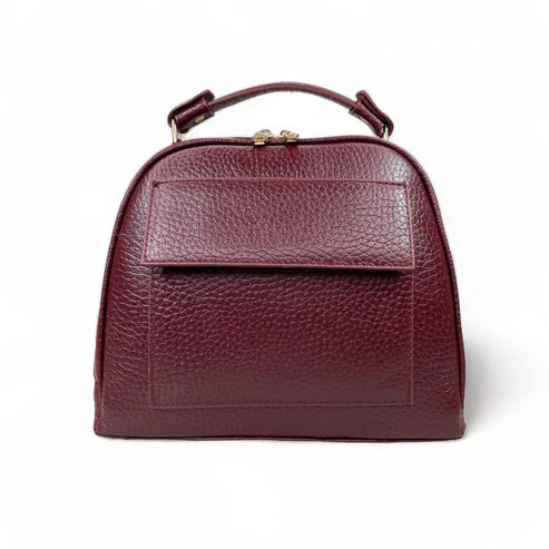 Elegant dark red genuine leather women’s satchel handbag with structured medium design and gold-tone accents — perfect for everyday and office wear.