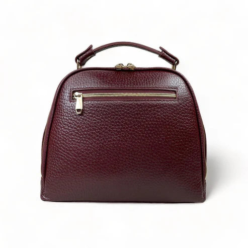 Elegant dark red genuine leather women’s satchel handbag with structured medium design and gold-tone accents — perfect for everyday and office wear.