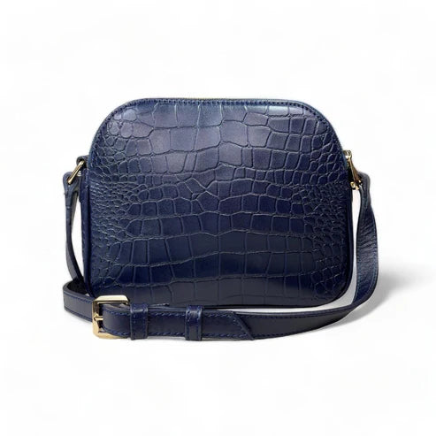 Dark blue genuine leather women’s shoulder bag with crossbody strap, elegant design, and premium finish — LeatherLuxe collection.