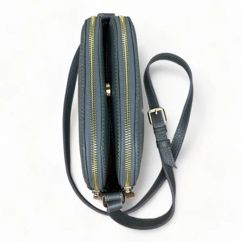 Elegant gray leather women’s shoulder bag and crossbody purse by LeatherLuxe — premium genuine leather handbag with adjustable strap and minimalist modern design.
