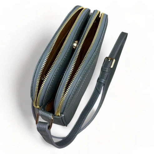 Elegant gray leather women’s shoulder bag and crossbody purse by LeatherLuxe — premium genuine leather handbag with adjustable strap and minimalist modern design.
