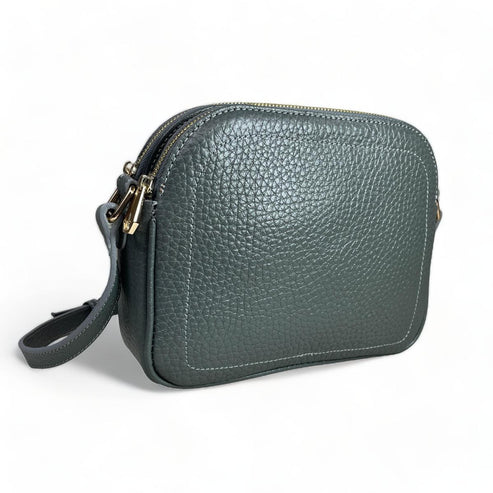 Elegant gray leather women’s shoulder bag and crossbody purse by LeatherLuxe — premium genuine leather handbag with adjustable strap and minimalist modern design.
