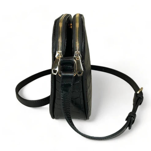 LeatherLuxe black leather women's shoulder bag and crossbody purse with sleek design and gold-tone hardware