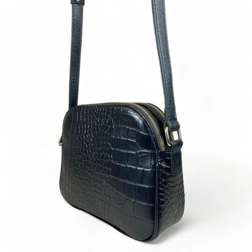 LeatherLuxe black leather women's shoulder bag and crossbody purse with sleek design and gold-tone hardware