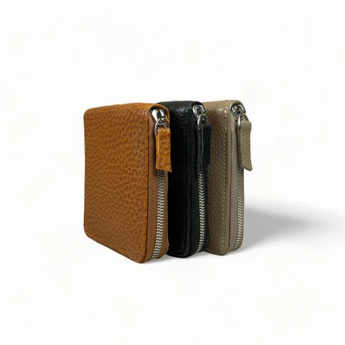 LeatherLuxe genuine leather wallet with zip closure — sleek brown card holder made from premium full-grain leather, designed for men and women for secure everyday use.