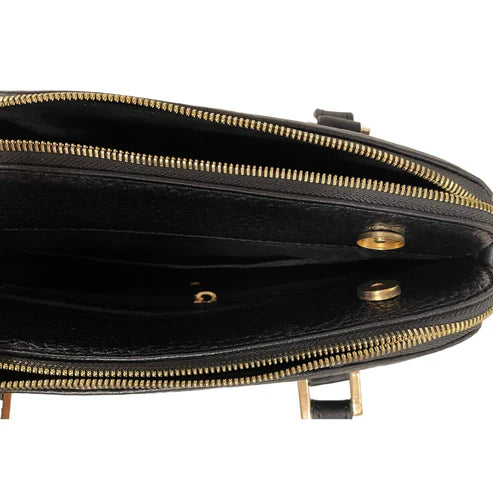 Premium black leather office bag for men and women, professional briefcase with sleek design, durable handle, and spacious compartments for laptop and documents.