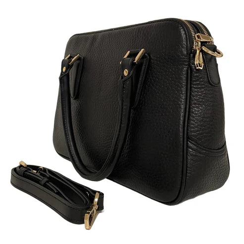 Premium black leather office bag for men and women, professional briefcase with sleek design, durable handle, and spacious compartments for laptop and documents.
