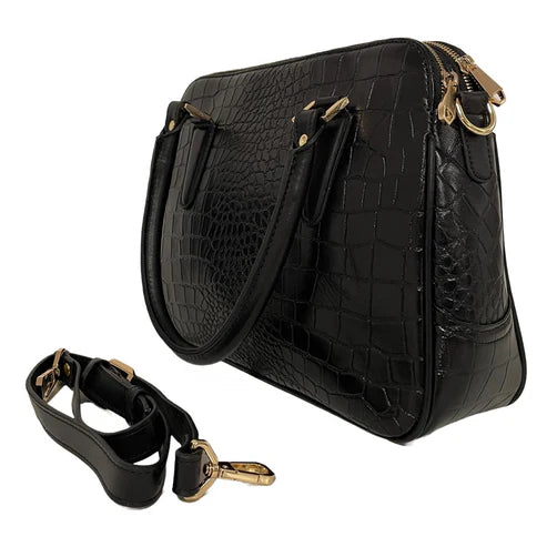 LeatherLuxe Black Crocodile-Style Leather Office Shoulder Bag – Premium functional leather bag with elegant crocodile texture and adjustable strap.