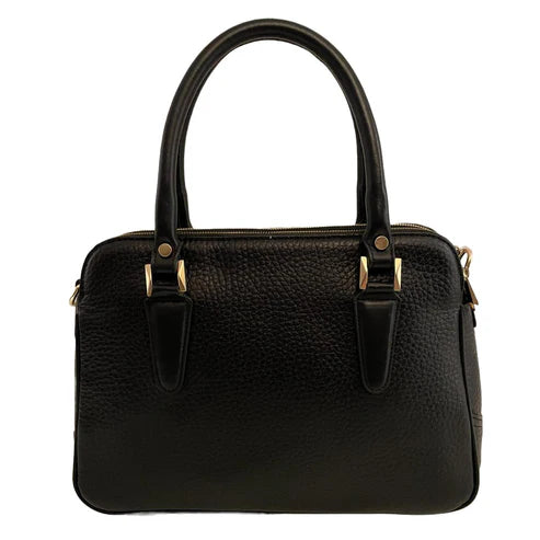 Premium black leather office bag for men and women, professional briefcase with sleek design, durable handle, and spacious compartments for laptop and documents.
