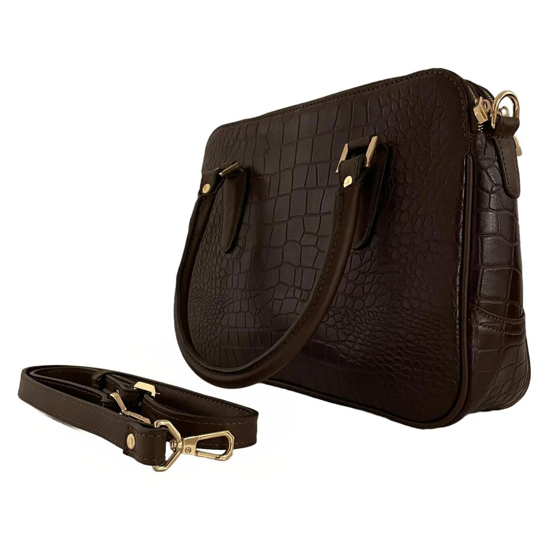 LeatherLuxe dark brown croc-embossed genuine leather office bag for men and women with premium finish and modern professional design