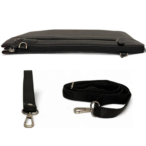 LeatherLuxe black leather wristlet, large unisex shoulder bag with sleek minimalist design and premium craftsmanship