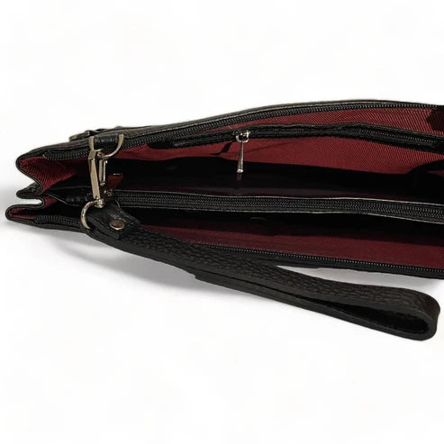 LeatherLuxe black leather wristlet, large unisex shoulder bag with sleek minimalist design and premium craftsmanship