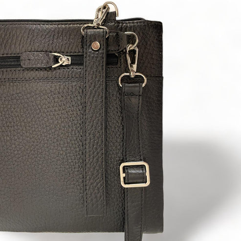LeatherLuxe black leather wristlet, large unisex shoulder bag with sleek minimalist design and premium craftsmanship
