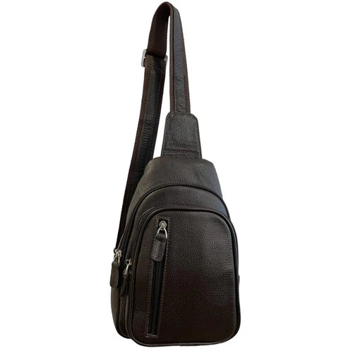 Dark brown genuine leather unisex sling bag with adjustable shoulder strap and crossbody design – LeatherLuxe premium bag.