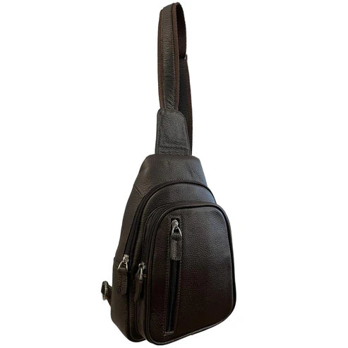 Dark brown genuine leather unisex sling bag with adjustable shoulder strap and crossbody design – LeatherLuxe premium bag.