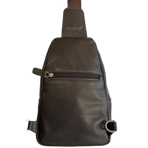 Dark brown genuine leather unisex sling bag with adjustable shoulder strap and crossbody design – LeatherLuxe premium bag.