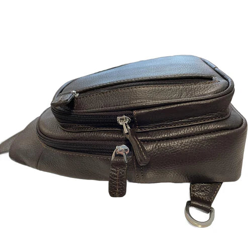 Dark brown genuine leather unisex sling bag with adjustable shoulder strap and crossbody design – LeatherLuxe premium bag.